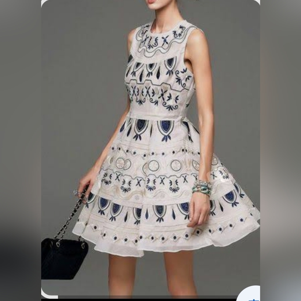 Elegant  Cream and Blue Embroidered Dress Fit And Flare Style Size M